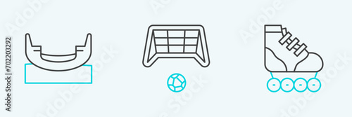 Set line Roller skate, Boat swing and Soccer goal with ball icon. Vector