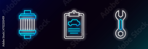 Set line Wrench spanner, Car air filter and inspection icon. Glowing neon. Vector