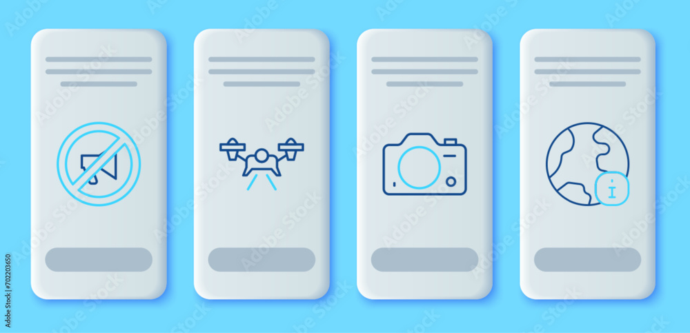 Set line Drone, Photo camera, Censored stamp and World news icon. Vector