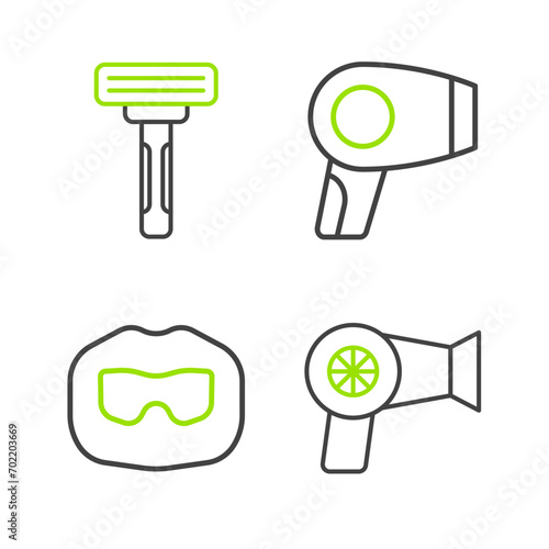 Set line Hair dryer, Mustache and beard,  and Shaving razor icon. Vector