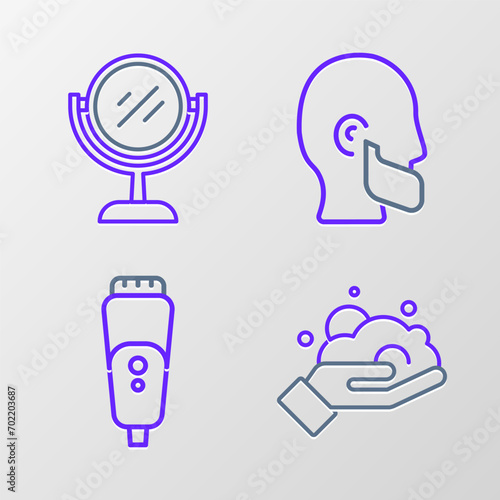 Set line Shaving foam on hand, Electric razor blade, Mustache beard and Hand mirror icon. Vector