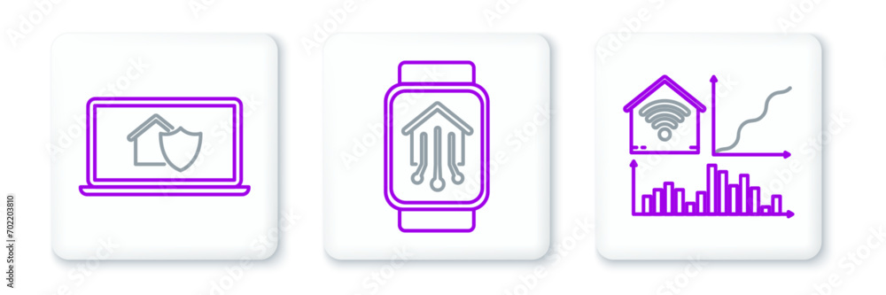 Set line Smart home with wi-fi, Laptop house under protection and smart watch icon. Vector Set line Smart home with wi-fi, Laptop house under protection and smart watch icon. Vector