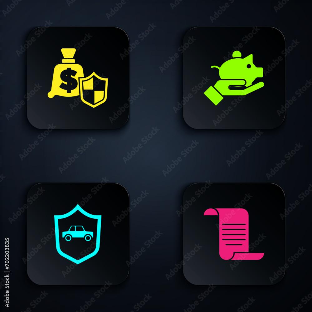 Obraz premium Set Document with shield, Money, Car and Piggy bank in hand. Black square button. Vector