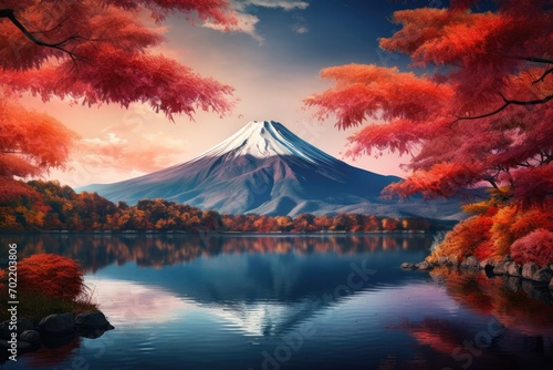 Vulcano Japan nature mountain with autumn leaves and mountain lake in spring. Generative Ai.