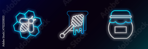 Set line Jar of honey, Bee and honeycomb and Honey dipper stick with dripping icon. Glowing neon. Vector