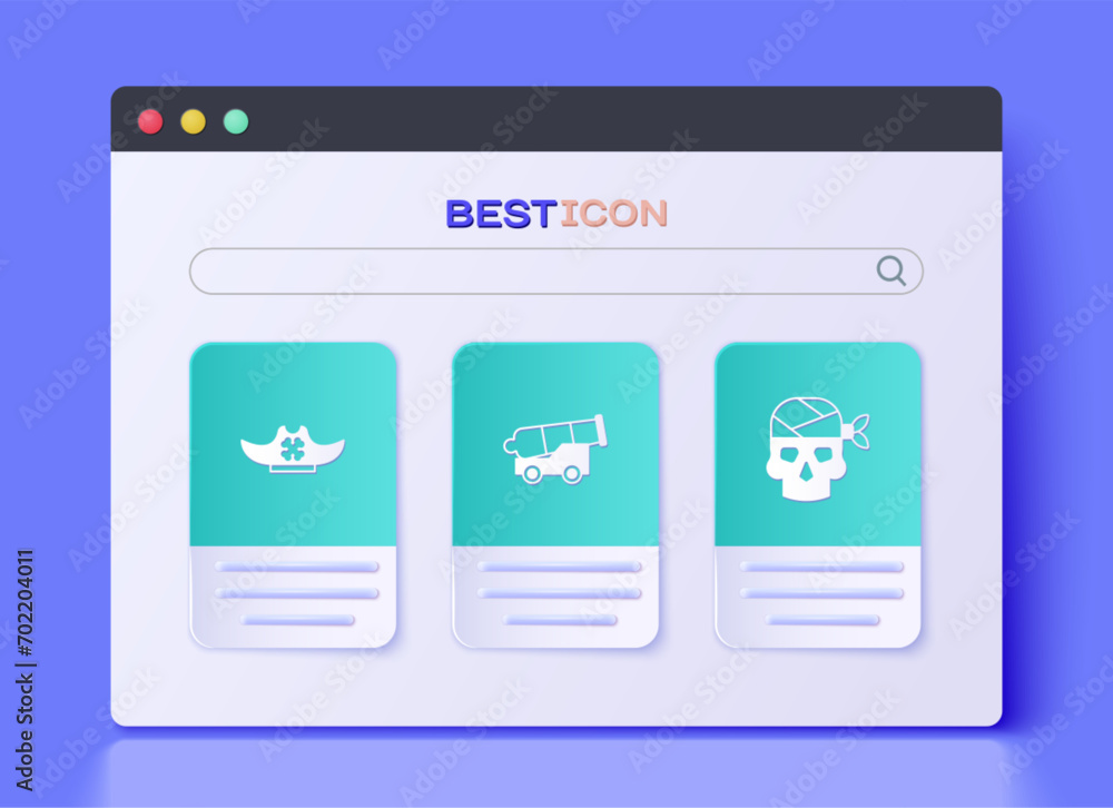Set Cannon, Pirate hat and captain icon. Vector Set Cannon, Pirate hat and captain icon. Vector