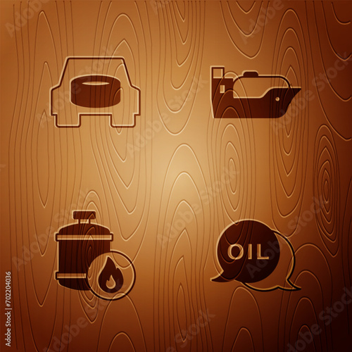 Set Word oil, Spare wheel in the car, Propane gas tank and Oil tanker ship on wooden background. Vector