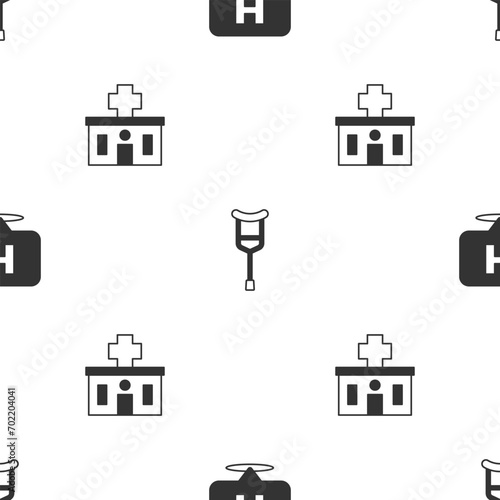 Set Location hospital, Crutch or crutches and Hospital building on seamless pattern. Vector photo