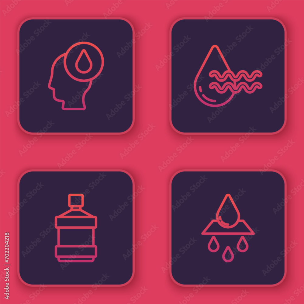 Set line Water drop, Big bottle with clean water, Recycle aqua and . Blue square button. Vector Set line Water drop, Big bottle with clean water, Recycle aqua and . Blue square button. Vector