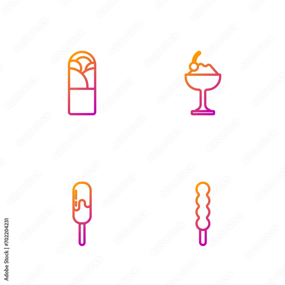 Set line Lollipop, Ice cream, Doner kebab and in bowl. Gradient color icons. Vector Set line Lollipop, Ice cream, Doner kebab and in bowl. Gradient color icons. Vector