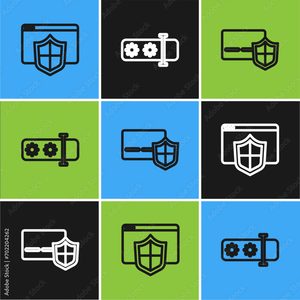 Set line Browser with shield, Credit card and Password protection icon. Vector