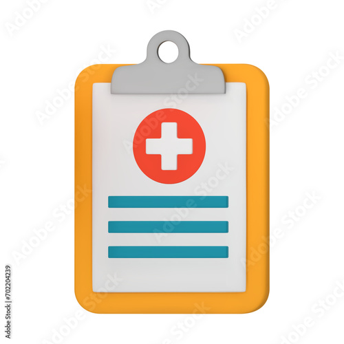 3D medical card, report, health data, clipboard with notes and cross, medical history concept. 3D vector illustration isolated on white background