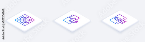 Set Isometric line Graphic password protection, Document folder and Lock monitor. White square button. Vector