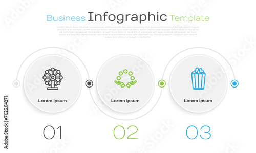 Set line Ferris wheel, Juggling ball and Popcorn box. Business infographic template. Vector