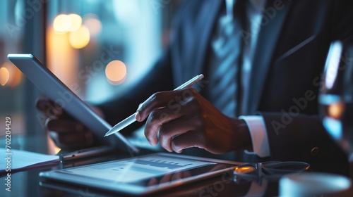 Businessman working on laptop computer in modern office, closeup. Business and technology concept