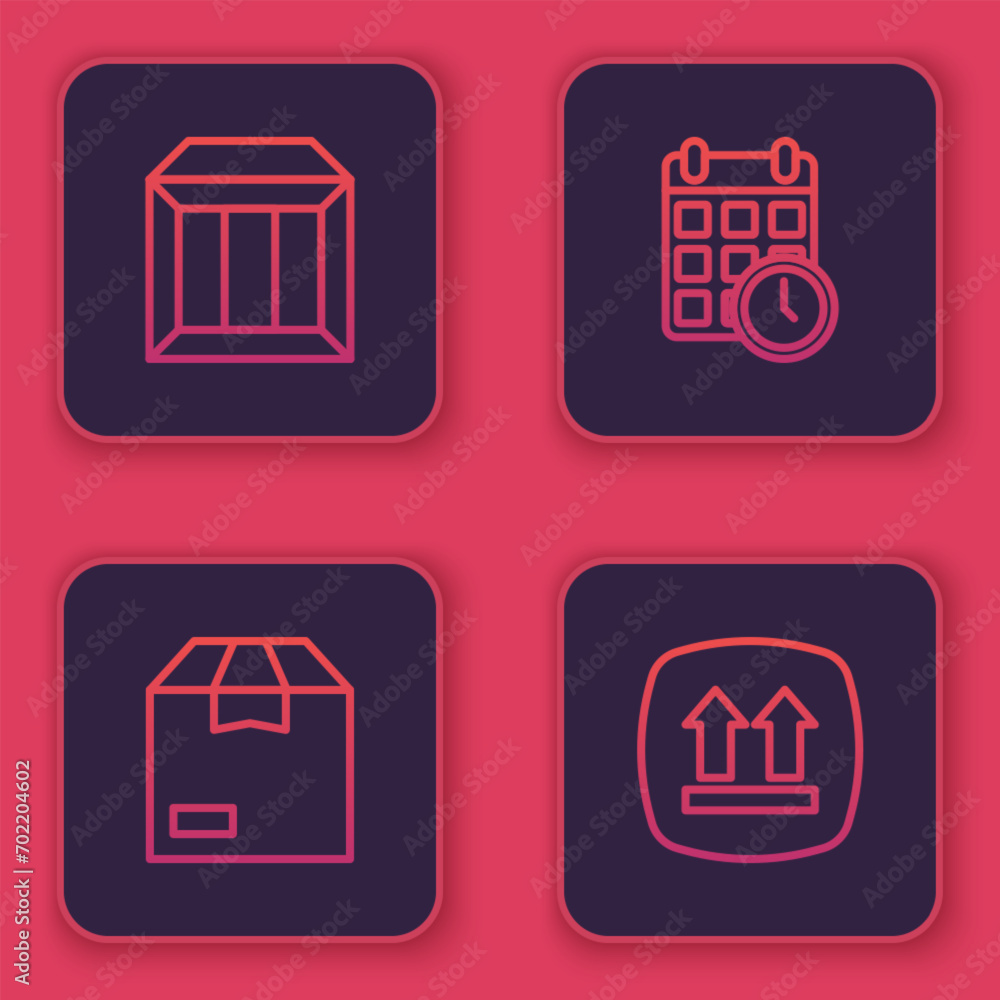 Set line Carton cardboard box, Cardboard with calendar and This side up. Blue square button. Vector Set line Carton cardboard box, Cardboard with calendar and This side up. Blue square button. Vector