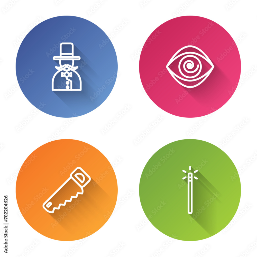 Set line Magician, Hypnosis, Hand saw and wand. Color circle button. Vector Set line Magician, Hypnosis, Hand saw and wand. Color circle button. Vector