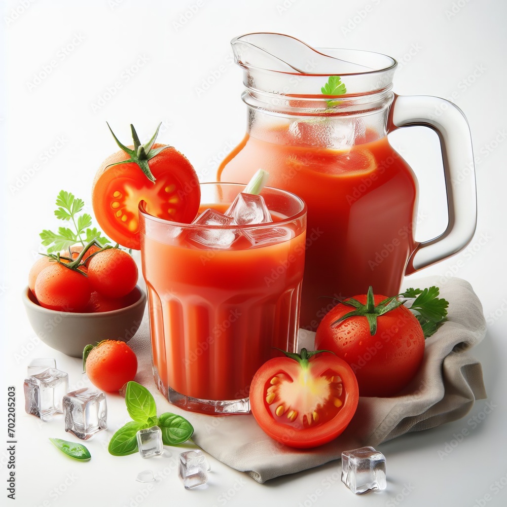 Tomato juice in a glass and fresh tomatoes with spices Tomato juice in a glass and fresh tomatoes with spices