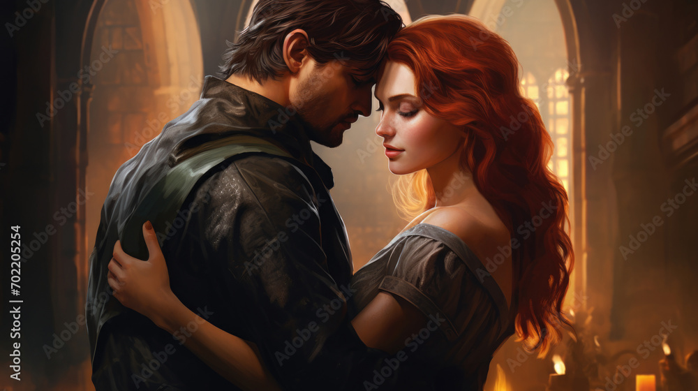 Illustration of fantasy character, ideal for novel book cover. Redhead Woman and Man Love castle