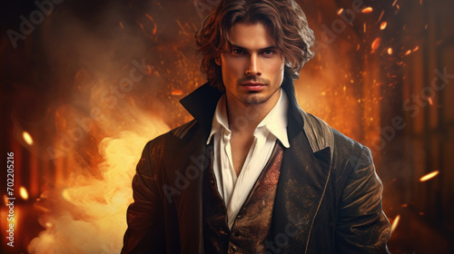 Illustration of fantasy character, ideal for novel book cover. Portrait, Man fire