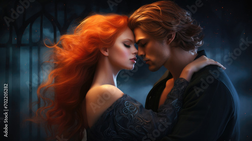 Illustration of fantasy character, ideal for novel book cover. Redhead Woman and Man Love dark