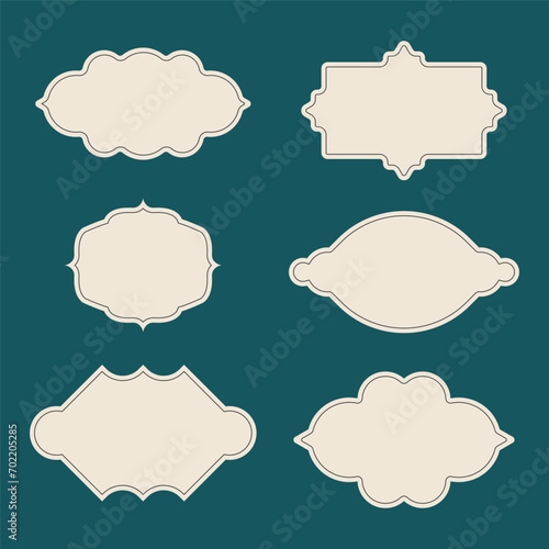Ornamental label frames. Old ornate labels, decorative vintage frame and retro badge. Royal wedding insignia, sale sticker or invitation card. Isolated vector symbols set