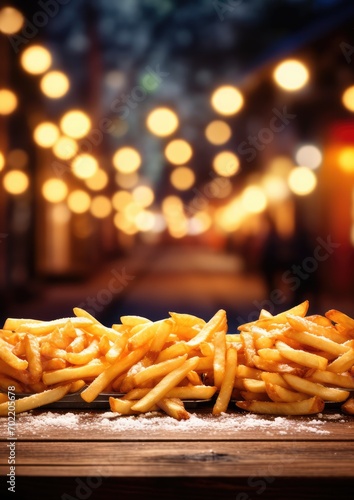 French fries chips in basket on table  street junk food  oktoberfest. Generative Ai