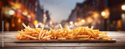 French fries chips in basket on table  street junk food  oktoberfest banner panorama Generative Ai