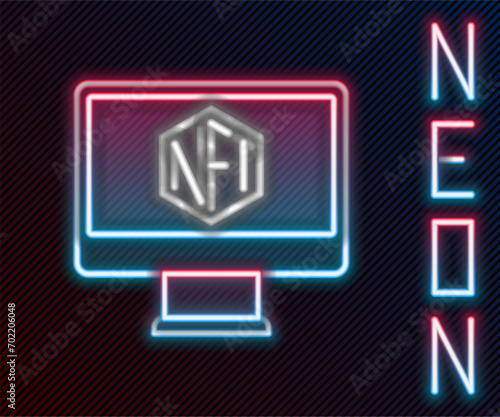 Glowing neon line Monitor with art store app icon isolated on black background. Technology of selling NFT tokens for cryptocurrency. Non fungible token concept. Colorful outline concept. Vector