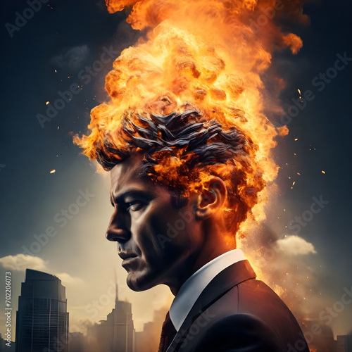 The burned-out businessman's head erupted in a fiery explosion, a visual representation of the intense pressure and pollution plaguing the modern corporate world
