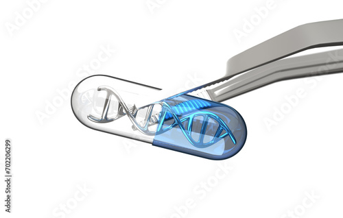 DNA inside a capsule with tweezers on transparent background, PNG file
