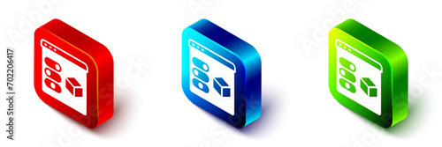 Isometric 3D printer icon isolated on white background. 3d printing. Red, blue and green square button. Vector