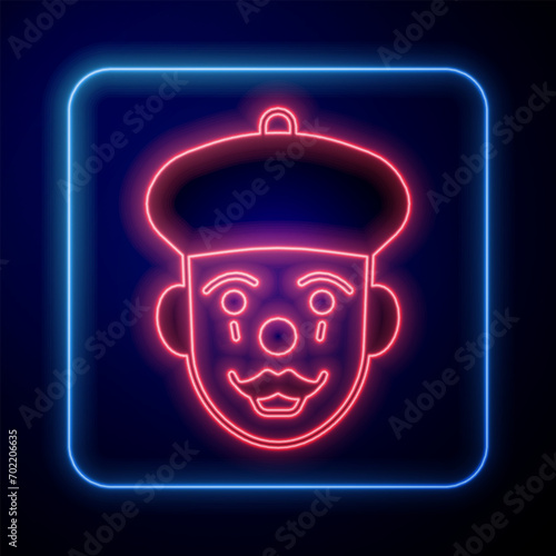 Glowing neon French mime icon isolated on black background.  Vector