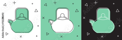 Set Kettle with handle icon isolated on white and green, black background. Teapot icon.  Vector