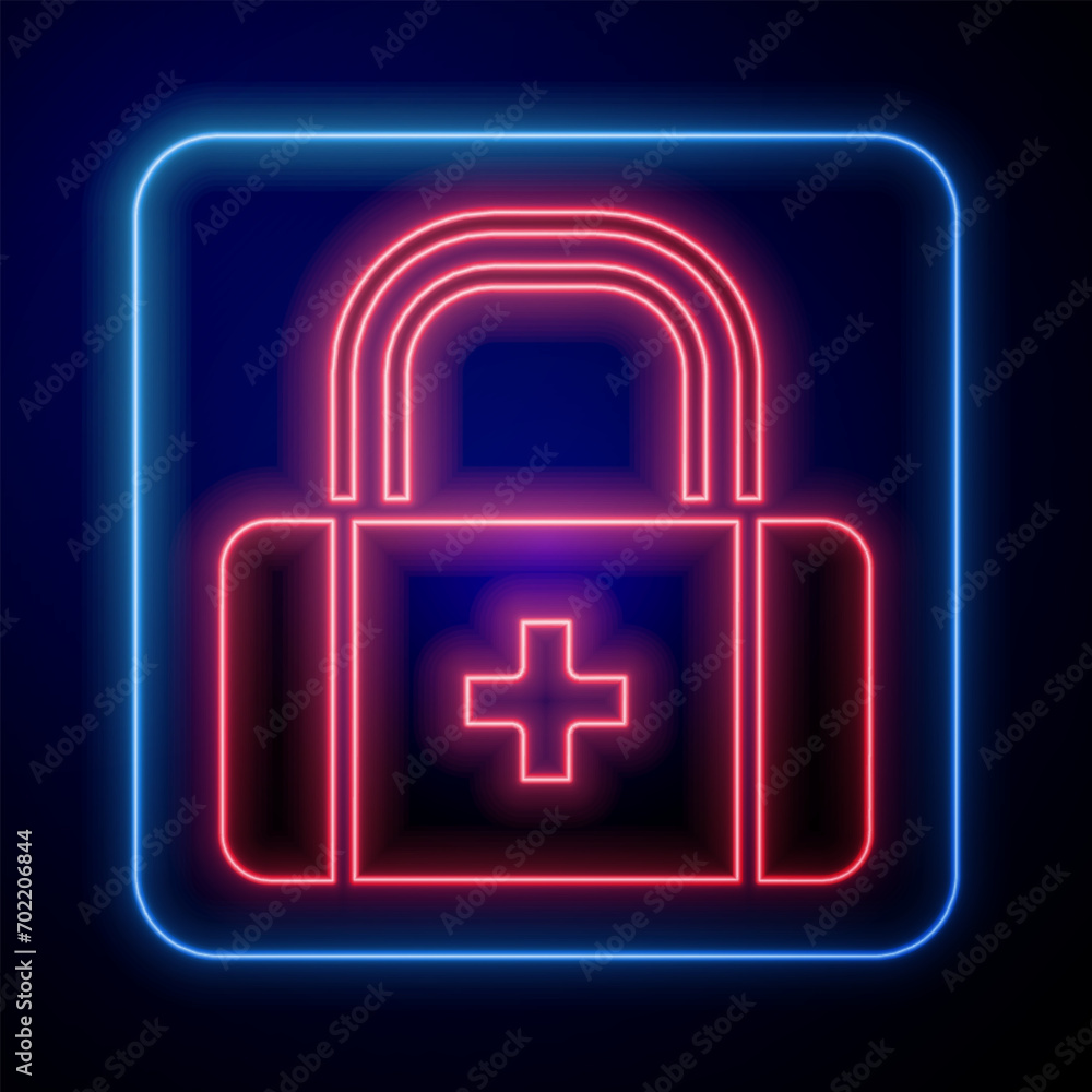 Obraz premium Glowing neon First aid kit icon isolated on black background. Medical box with cross. Medical equipment for emergency. Healthcare concept. Vector