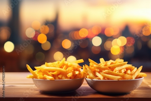 French fries chips in basket on table  street junk food  oktoberfest. Generative Ai