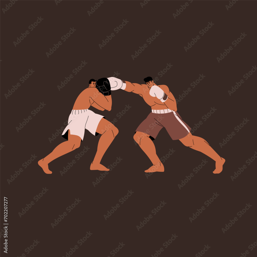 Box fight. Professional boxers in boxing gloves training techniques, sparring. Strong fighter punches sport competitor. Battle, competition of martial art sportsmen. Flat isolated vector illustration