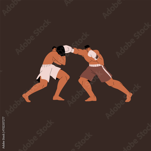 Box fight. Professional boxers in boxing gloves training techniques, sparring. Strong fighter punches sport competitor. Battle, competition of martial art sportsmen. Flat isolated vector illustration © Paper Trident