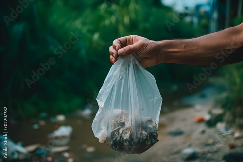 Volunteer hand holding plastic bag with garbage in nature background.