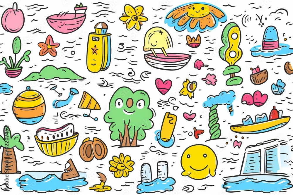 Cartoon cute doodles presenting a delightful array of summer scenes, each with its own unique charm, in a seamless, Generative AI