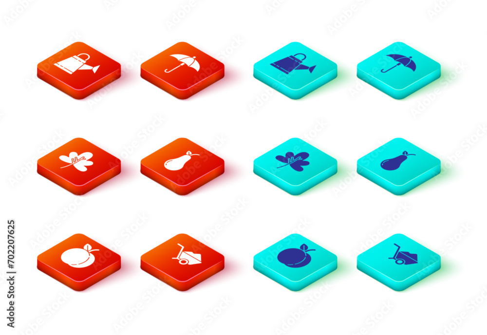 Set Peach fruit, Wheelbarrow with dirt, Leaf or leaves, Pear, Umbrella and Watering can icon. Vector Set Peach fruit, Wheelbarrow with dirt, Leaf or leaves, Pear, Umbrella and Watering can icon. Vector