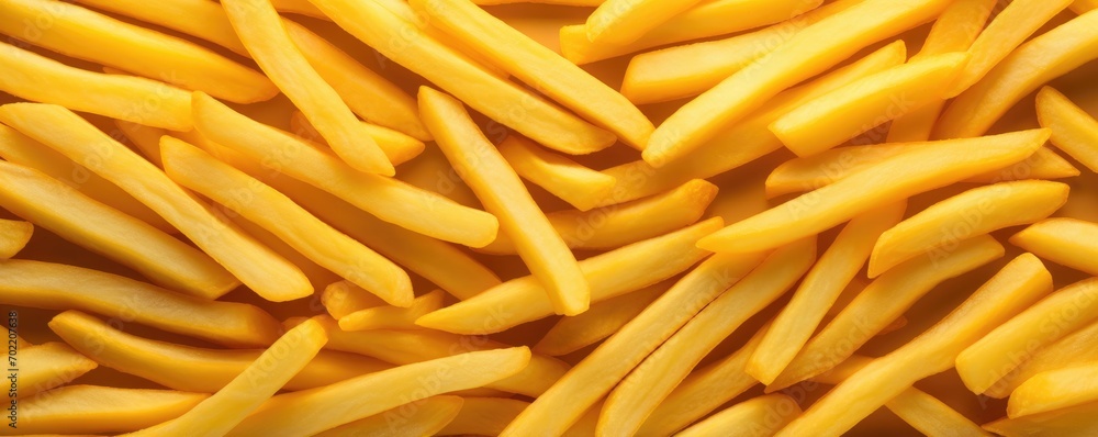 French fries chips pattern wallpaper, kids junk food concept, panorama banner. Generative Ai French fries chips pattern wallpaper, kids junk food concept, panorama banner. Generative Ai