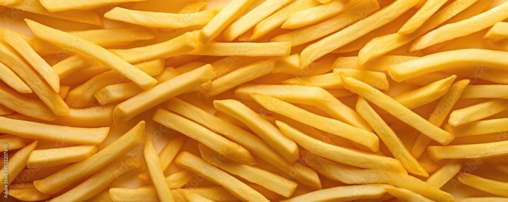 French fries chips pattern wallpaper, kids junk food concept, panorama banner. Generative Ai French fries chips pattern wallpaper, kids junk food concept, panorama banner. Generative Ai