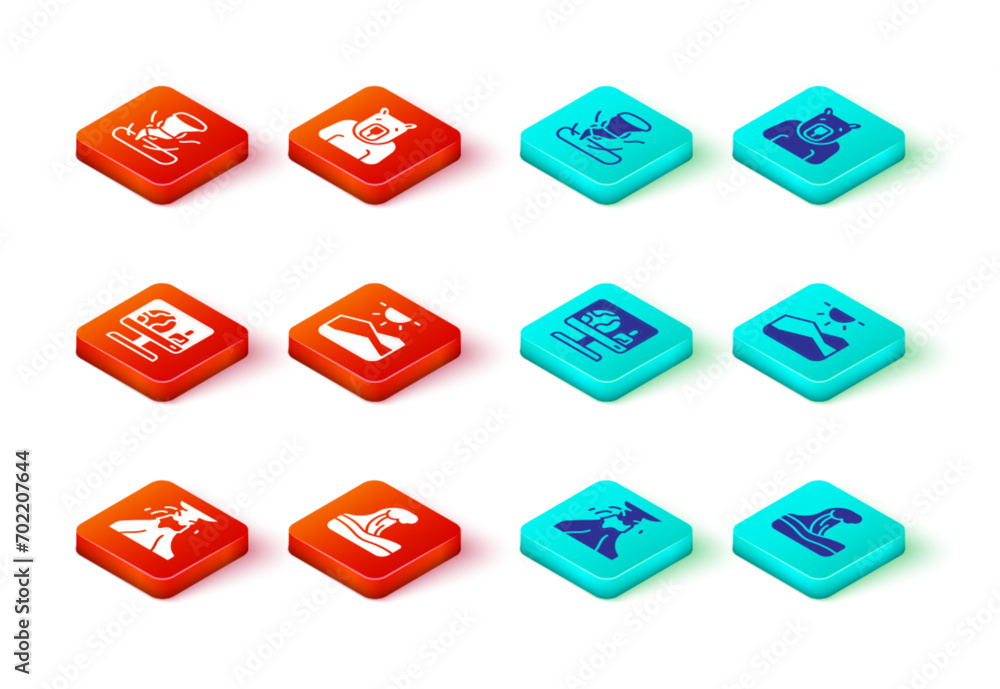Set Volcano eruption with lava, Tsunami, Weather forecast, Drought, Polar bear head and Tornado icon. Vector Set Volcano eruption with lava, Tsunami, Weather forecast, Drought, Polar bear head and Tornado icon. Vector
