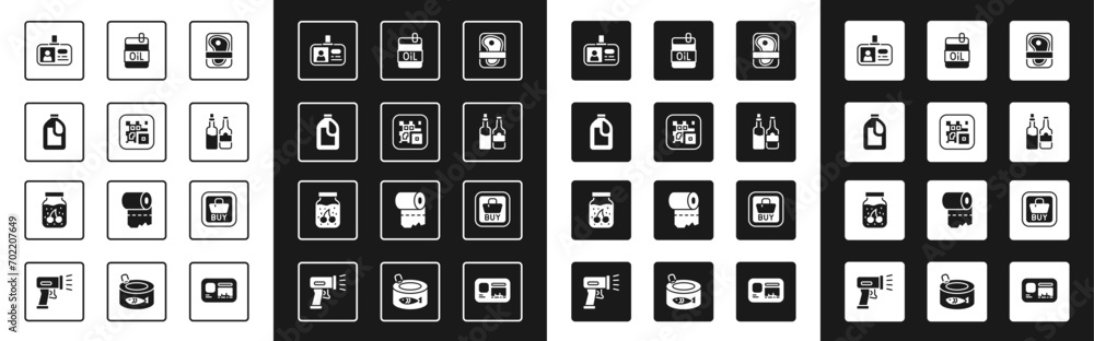 Set Meat packaging steak, QR code, Bottle for cleaning agent, Identification badge, Whiskey bottle, of olive oil, Buy button and Jam jar icon. Vector Set Meat packaging steak, QR code, Bottle for cleaning agent, Identification badge, Whiskey bottle, of olive oil, Buy button and Jam jar icon. Vector