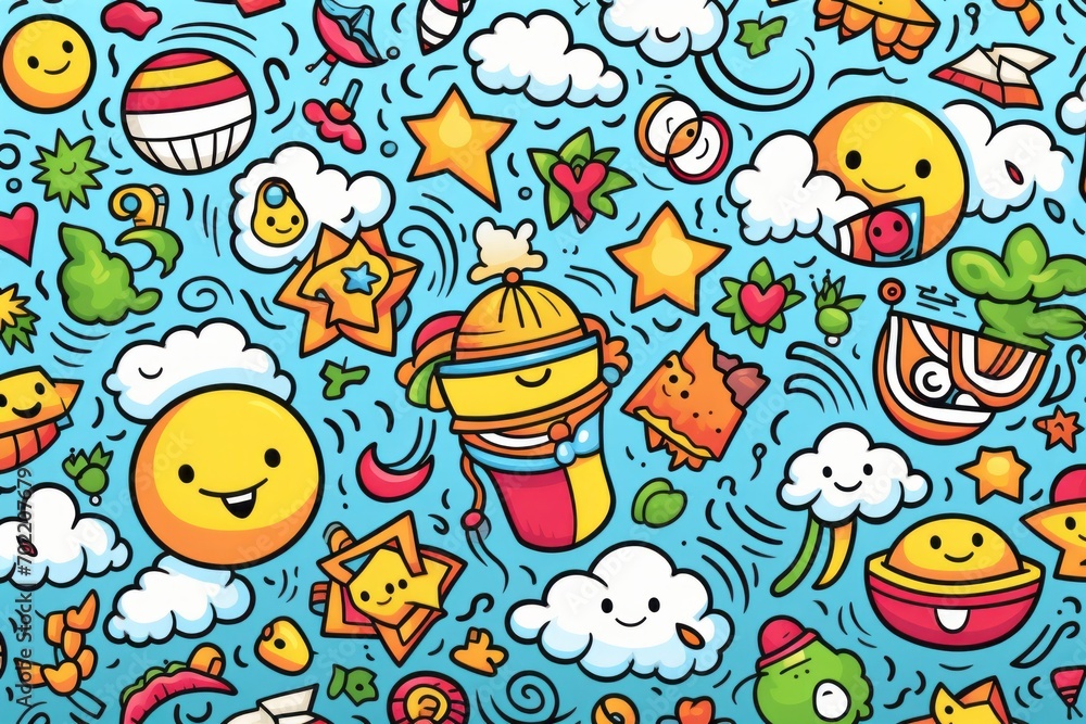 Fototapeta premium Cartoon cute doodles showcasing a series of adorable summer icons like sun hats and beach balls in a lively and cheerful arrangement, Generative AI