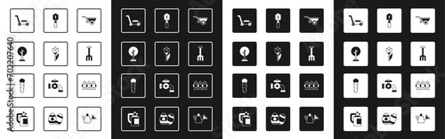 Set Wheelbarrow with dirt, Flower tulip, Forest, Lawn mower, Garden rake, Shovel, fence wooden and Carrot icon. Vector