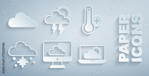 Set Weather forecast, Meteorology thermometer, Cloud with snow, Storm and  icon. Vector