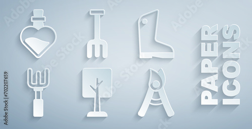 Set Forest, Rubber gloves, Garden rake, Gardening handmade scissors,  and Bottle with potion icon. Vector