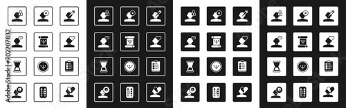 Set Addiction to the drug, Psychology book, Online psychological counseling, Closed personality, Broken heart or divorce, Solution problem psychology, Psychological test and Old hourglass icon. Vector